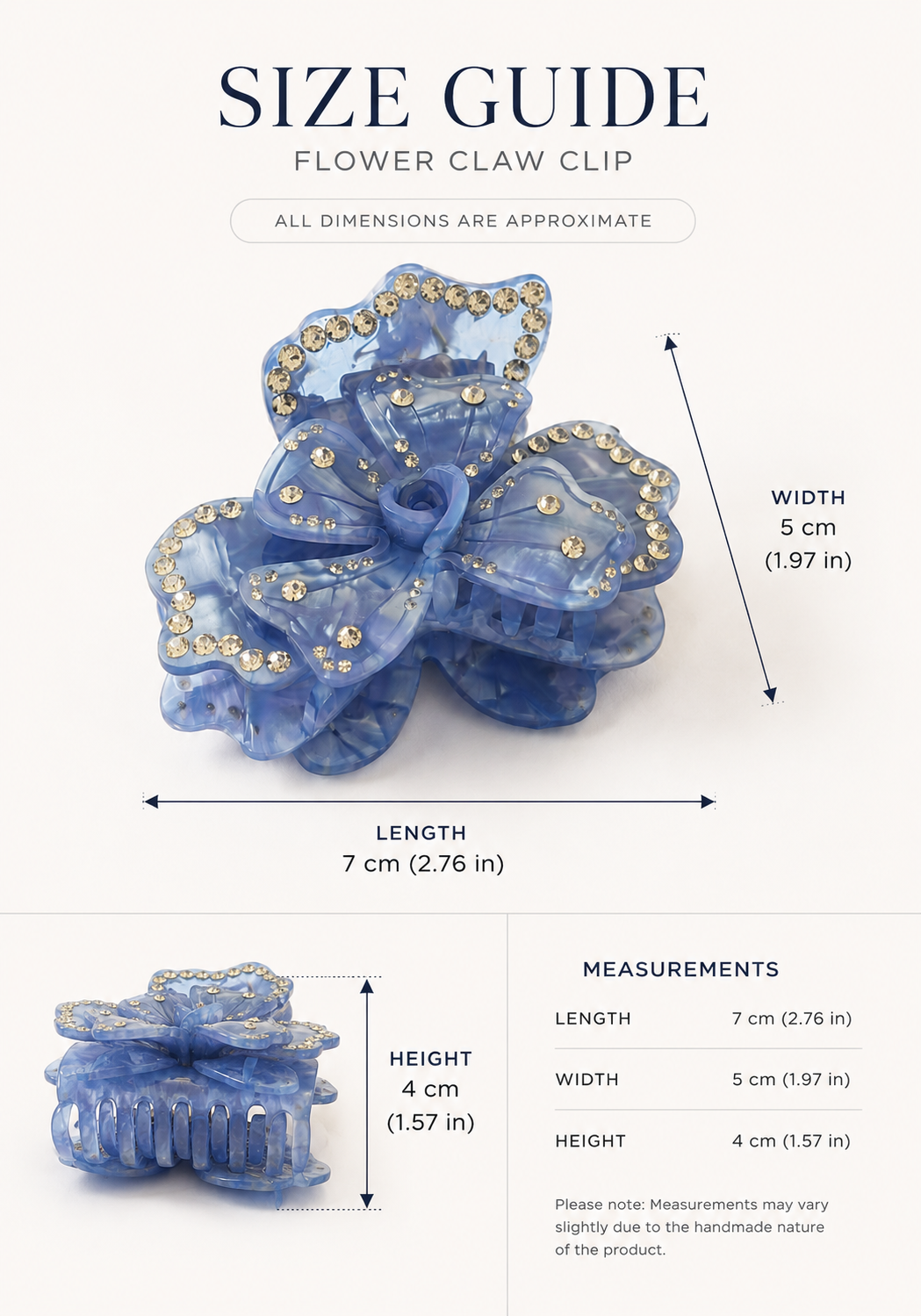 Claw clip size guide for mini claw clip, medium claw clip, and flower claw clip