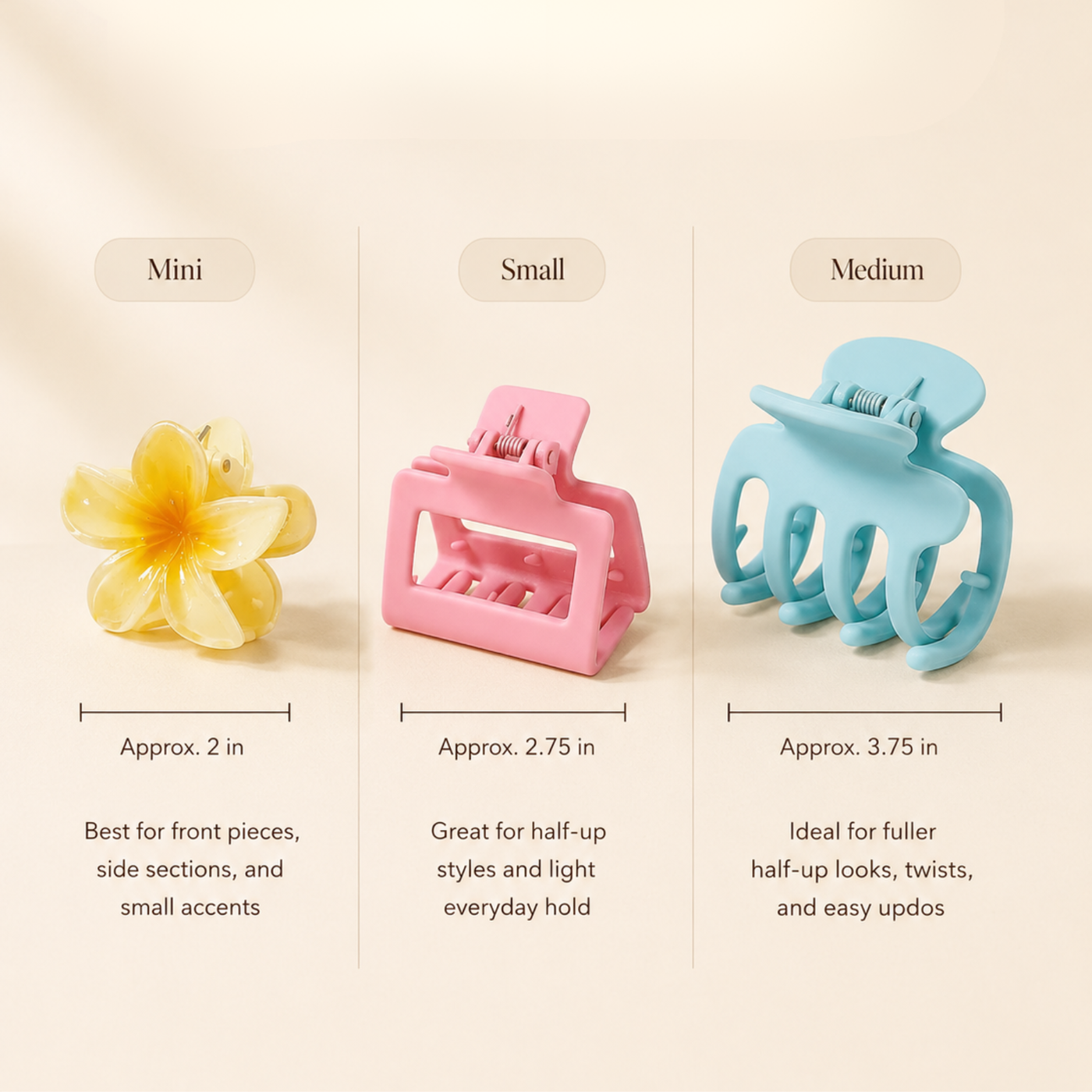 Claw clip size guide for mini claw clip, medium claw clip, and flower claw clip